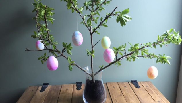 Tissue paper dyed eggs displayed on a tree branch