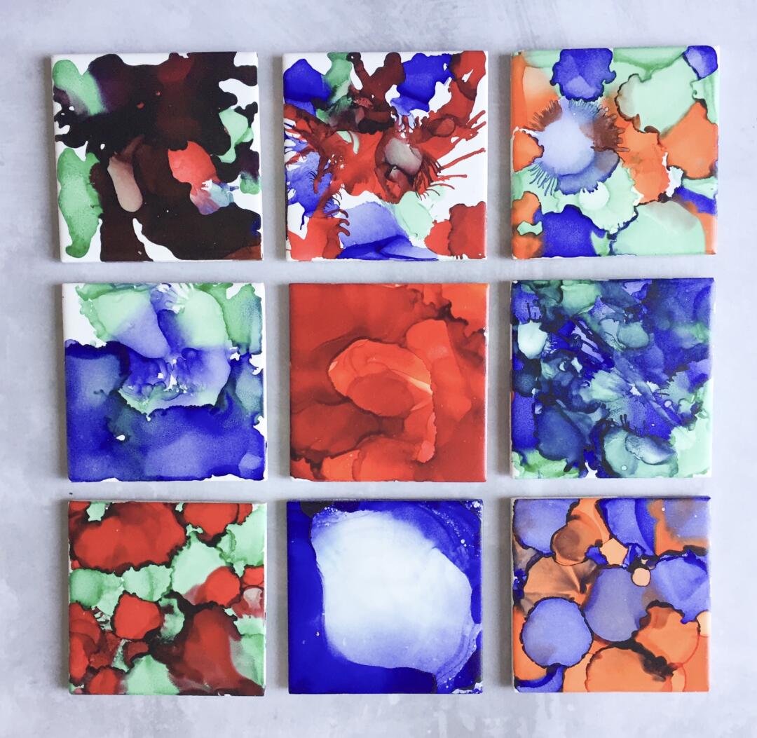 Our finished alcohol ink tile coasters