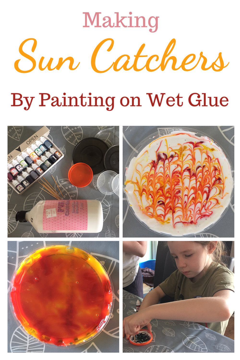 Making sun catchers by painting on wet glue