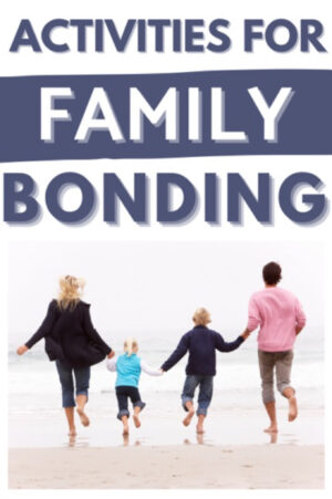 Family running along the beach, text reads: Activities for family bonding