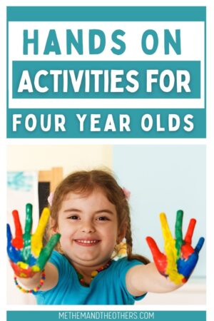 young girl with her hands painted multiple colours, text reads: hands on activities for four year olds