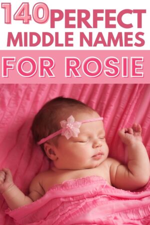 Portrait of a Beautiful Newborn Baby Girl in pink, test reads 140 perfect middle names for Rosie