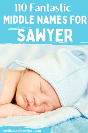 Baby boy asleep in blue hat on blue blanket, text reads "110 fantastic middle names for Sawyer"